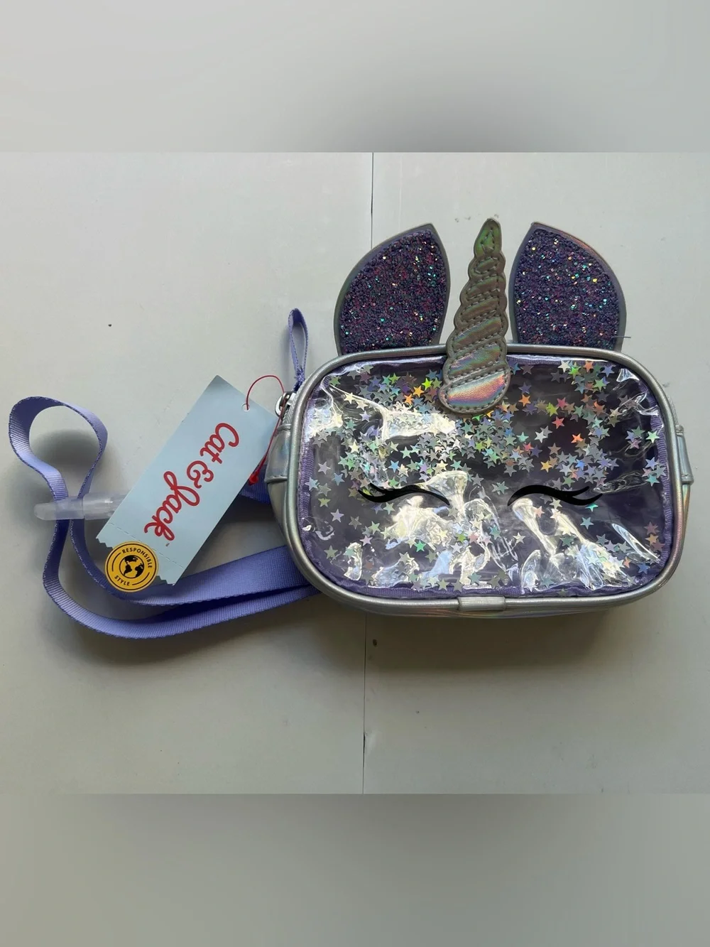 Cat & Jack Kids Fanny Pack Purple Unicorn Glitter Waist Bag with Stars